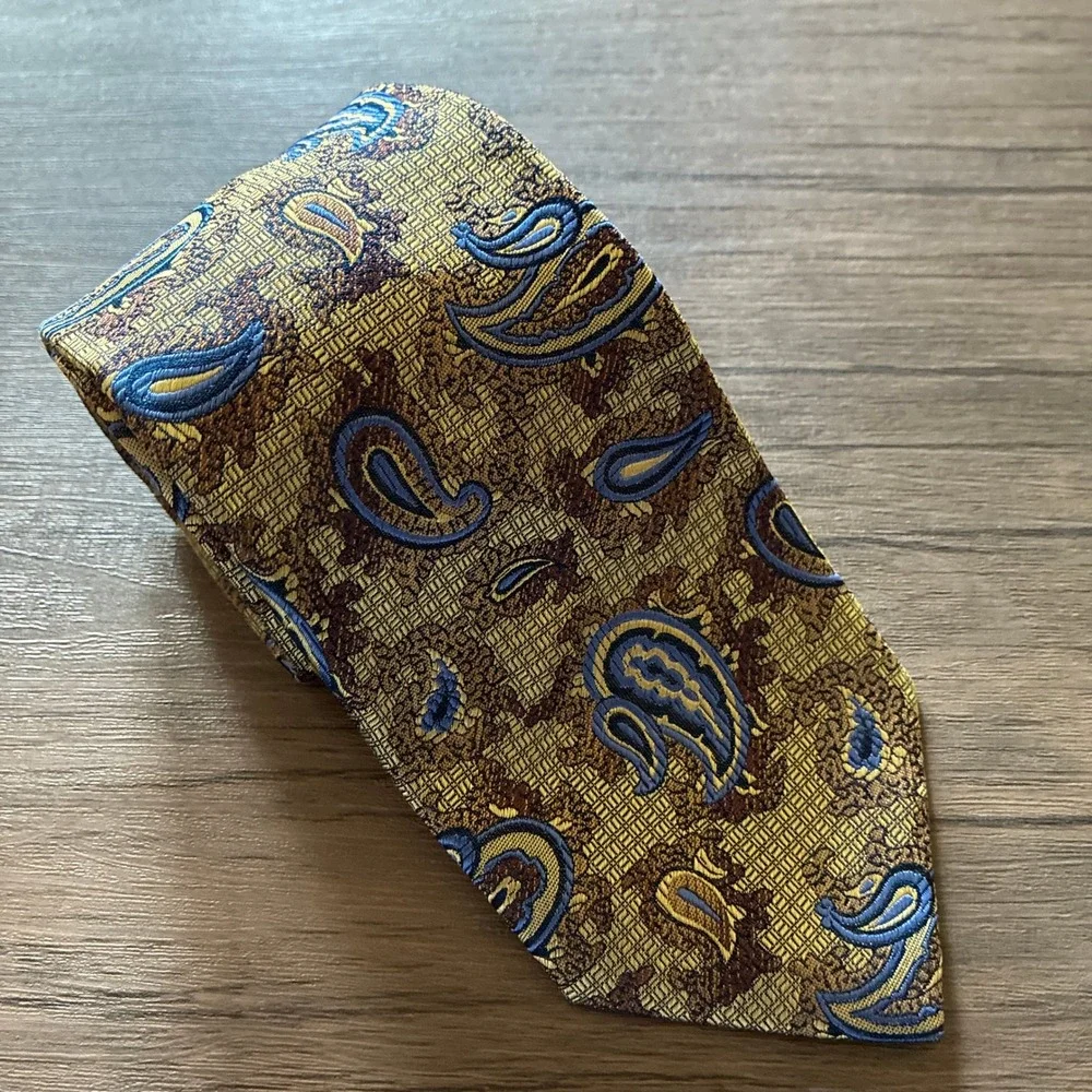 Bruno Piattelli Roma Paisley Silk Tie One Size Gold Blue Mens Handmade Italy